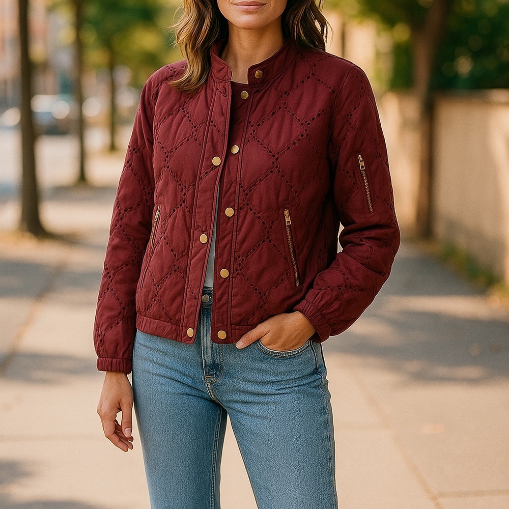 🌸 Listicle Burgundy Purple Eyelet Bomber Jacket – Women’s Small, Lightweight